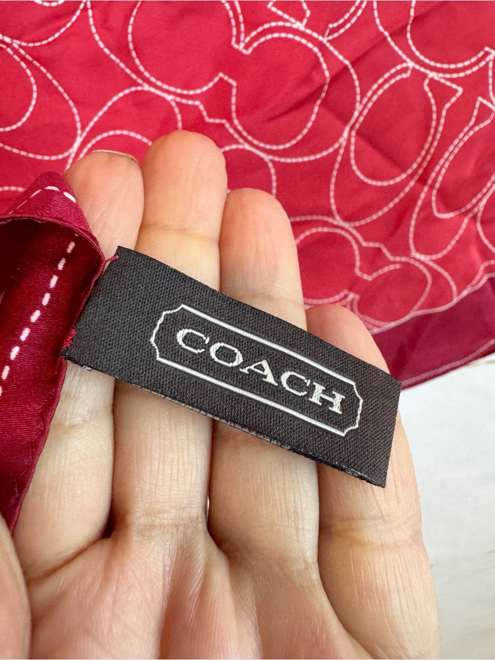 Coach | Red 100% Silk Square C Logo Scarf - Picture 6 of 8